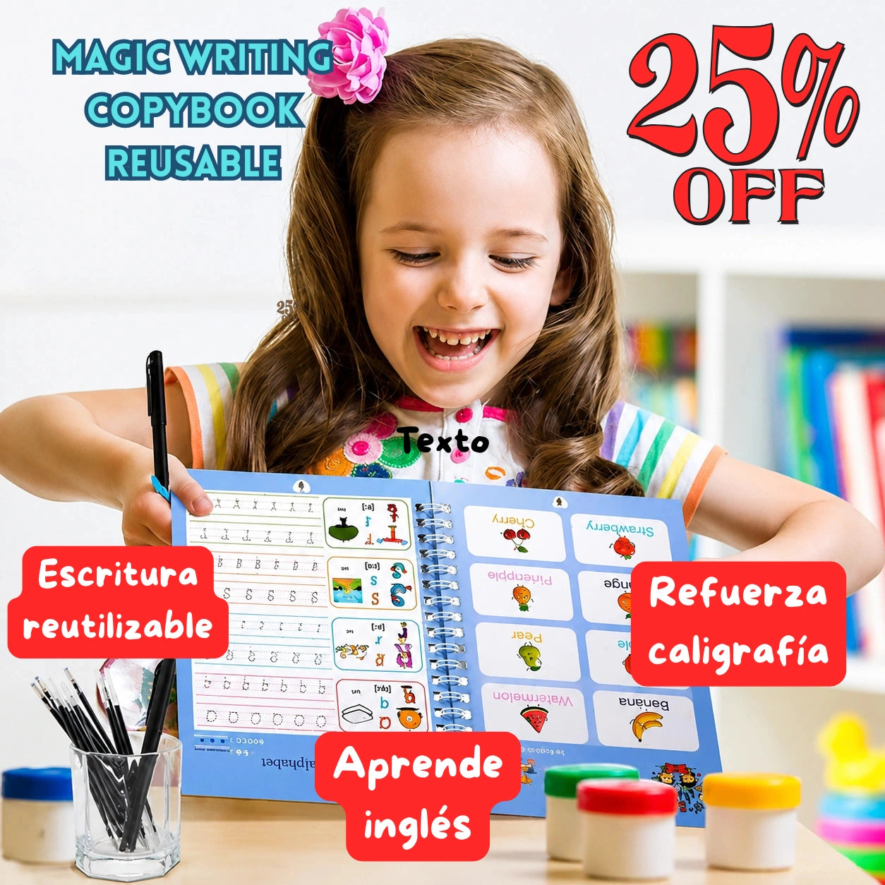 Set 5 Cuadernos Mágicos Reutilizables para Niños – Caligrafía, Matemáticas e Inglés