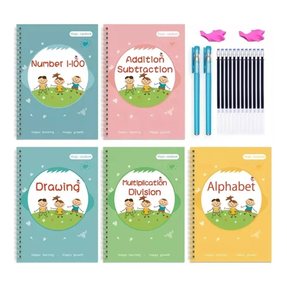 Set 5 Cuadernos Mágicos Reutilizables para Niños – Caligrafía, Matemáticas e Inglés
